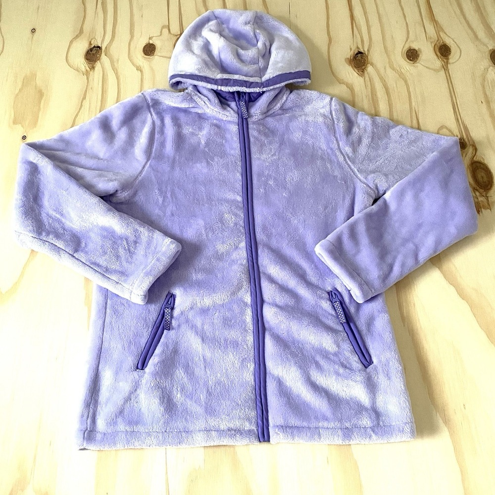 Lands' End Girls Size 16 Fuzzy Fleece Sherpa Hooded Purple Jacket Full Zip NWT